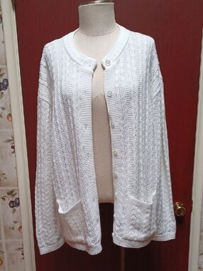 Vintage Grandma Glamour Knit Sweater XL White Acrylic Cable Knit Button Up USA